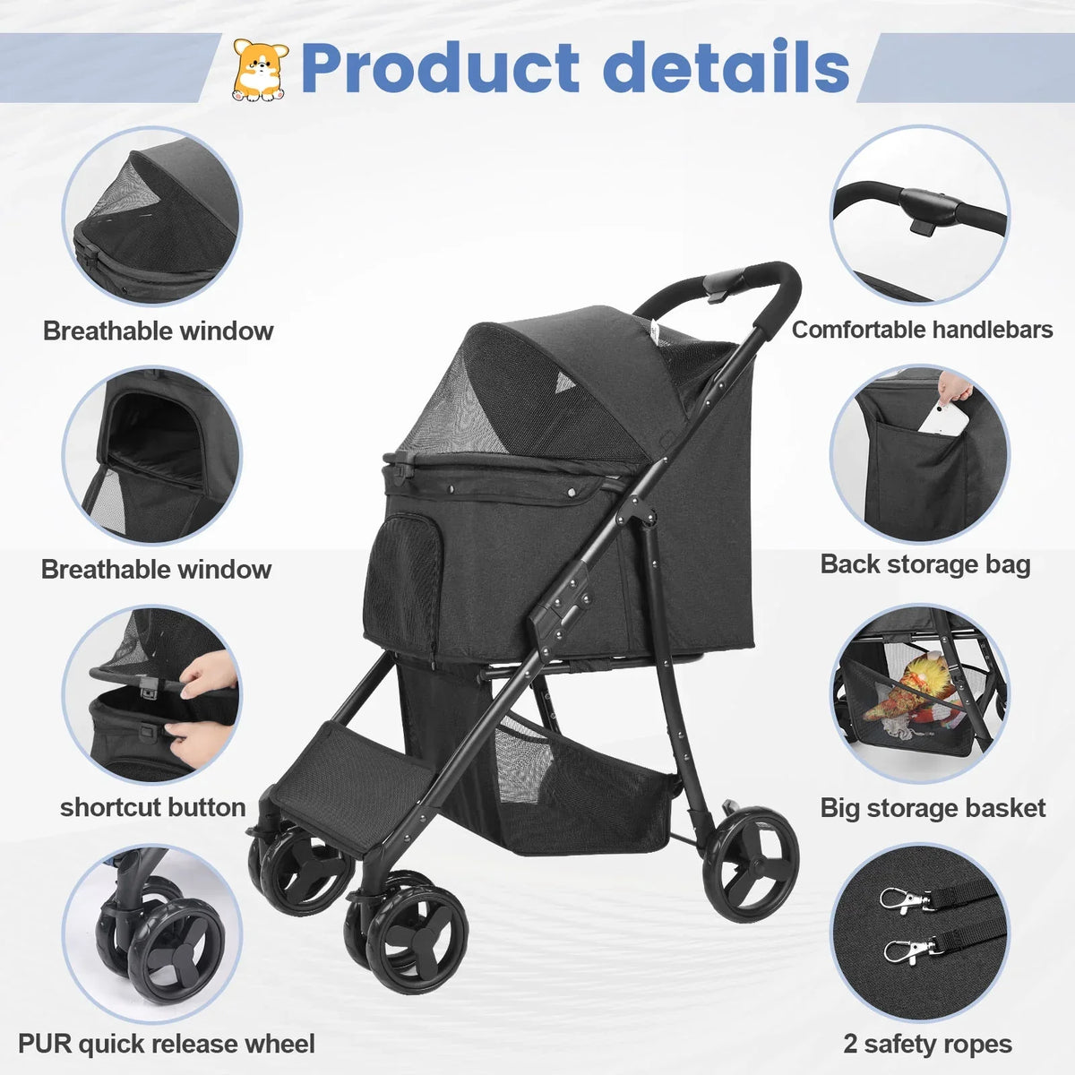 Wedyvko 4 Wheel Foldable Pet Stroller With Storage Basket For Small Medium Dogs & Cats - Black