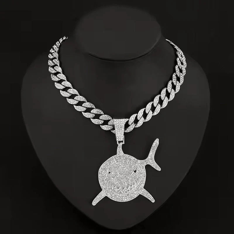 Shark Pendant Necklace With 20in Cuban Link Chain, 13mm Width