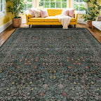 Vintage Floral Washable Area Rug, 10x14, Dark Green