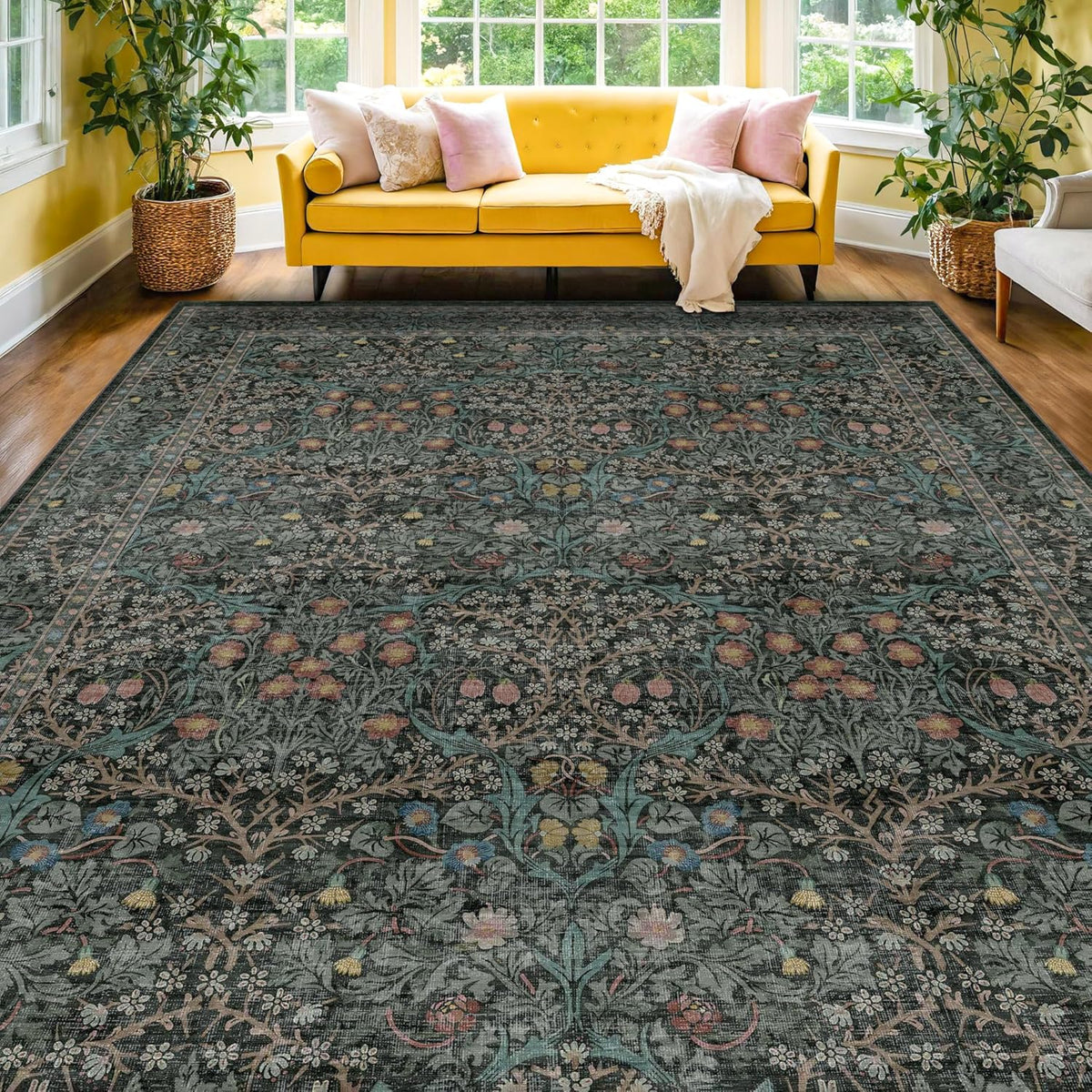 Vintage Floral Washable Area Rug, 10x14, Dark Green