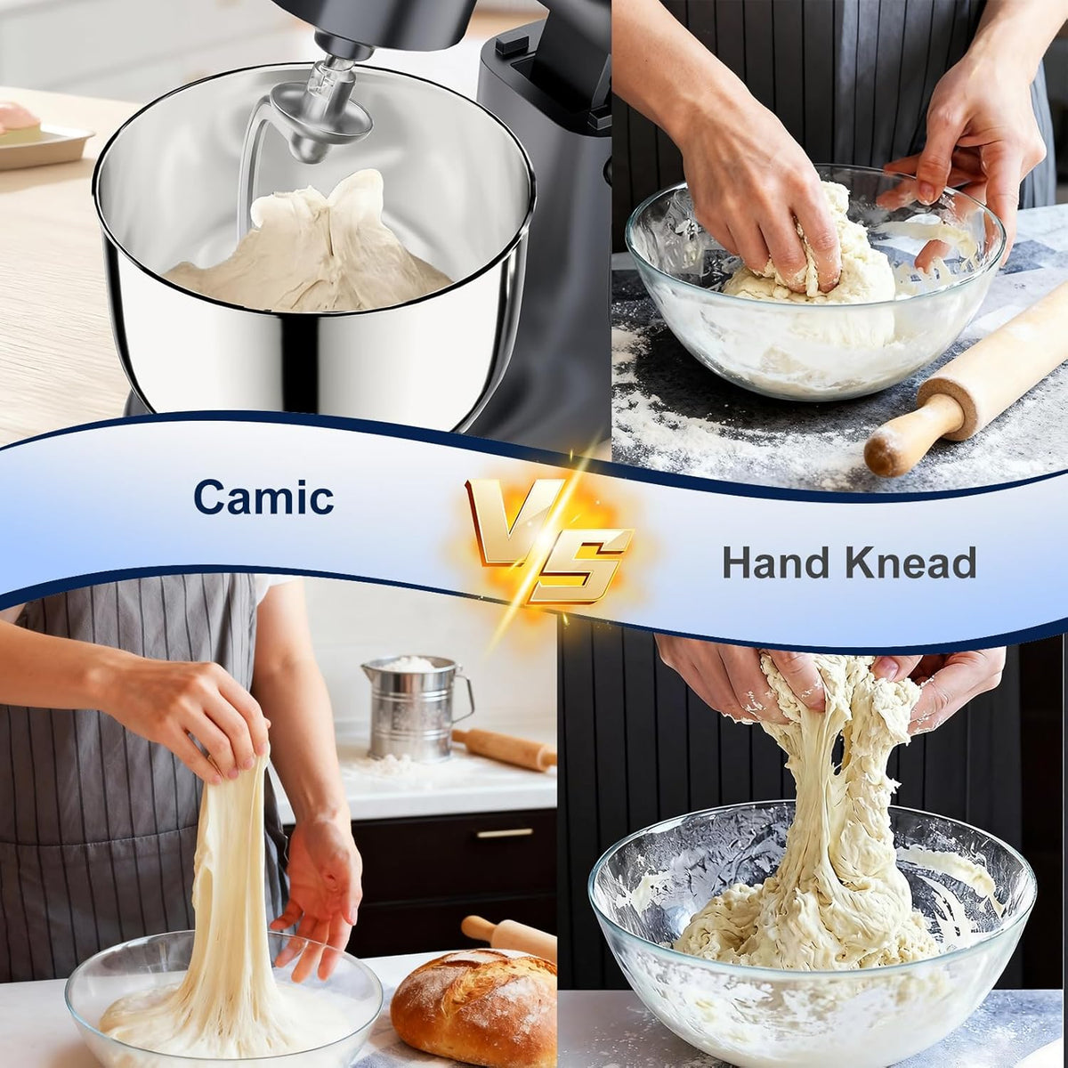 Camic Stand Mixer, 4.2QT + 5.3QT Stainless Steel Bowls, 10 Speeds - Grey