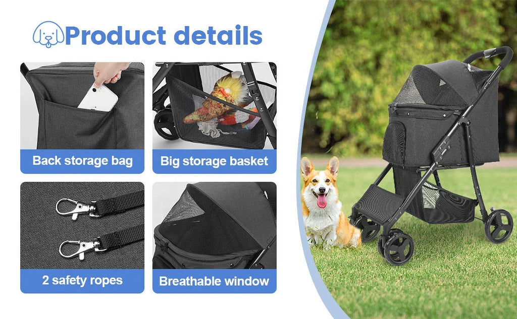 Wedyvko 4 Wheel Foldable Pet Stroller With Storage Basket For Small Medium Dogs & Cats - Black