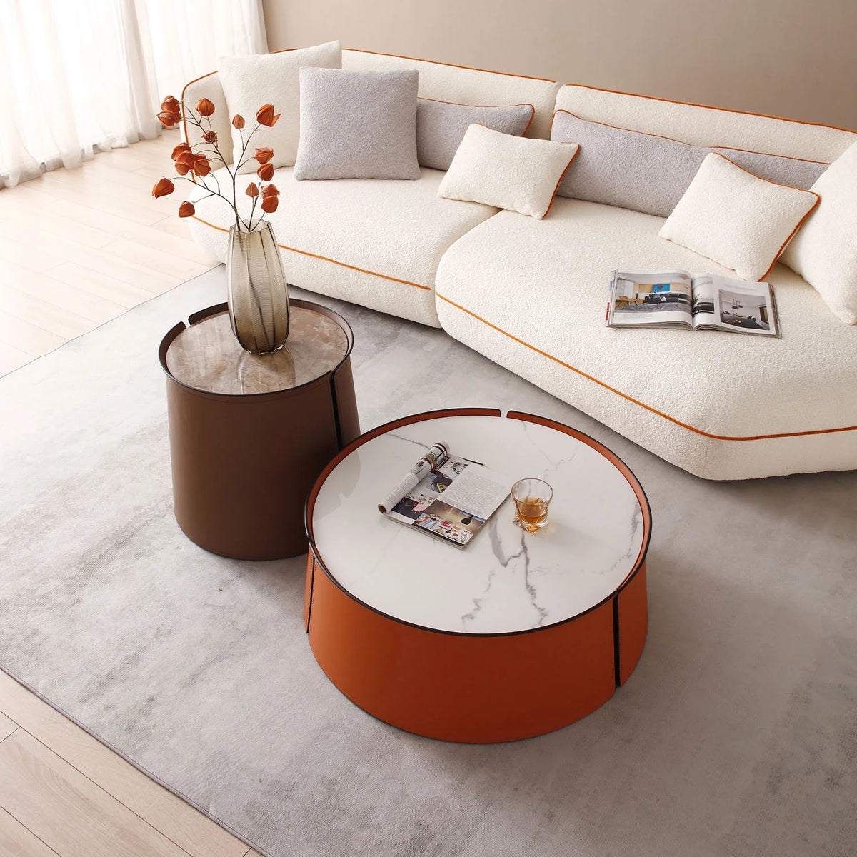 Coffee Table, 31.5 Inch Marble Top, Orange Saddle Leather Body, Iron Frame