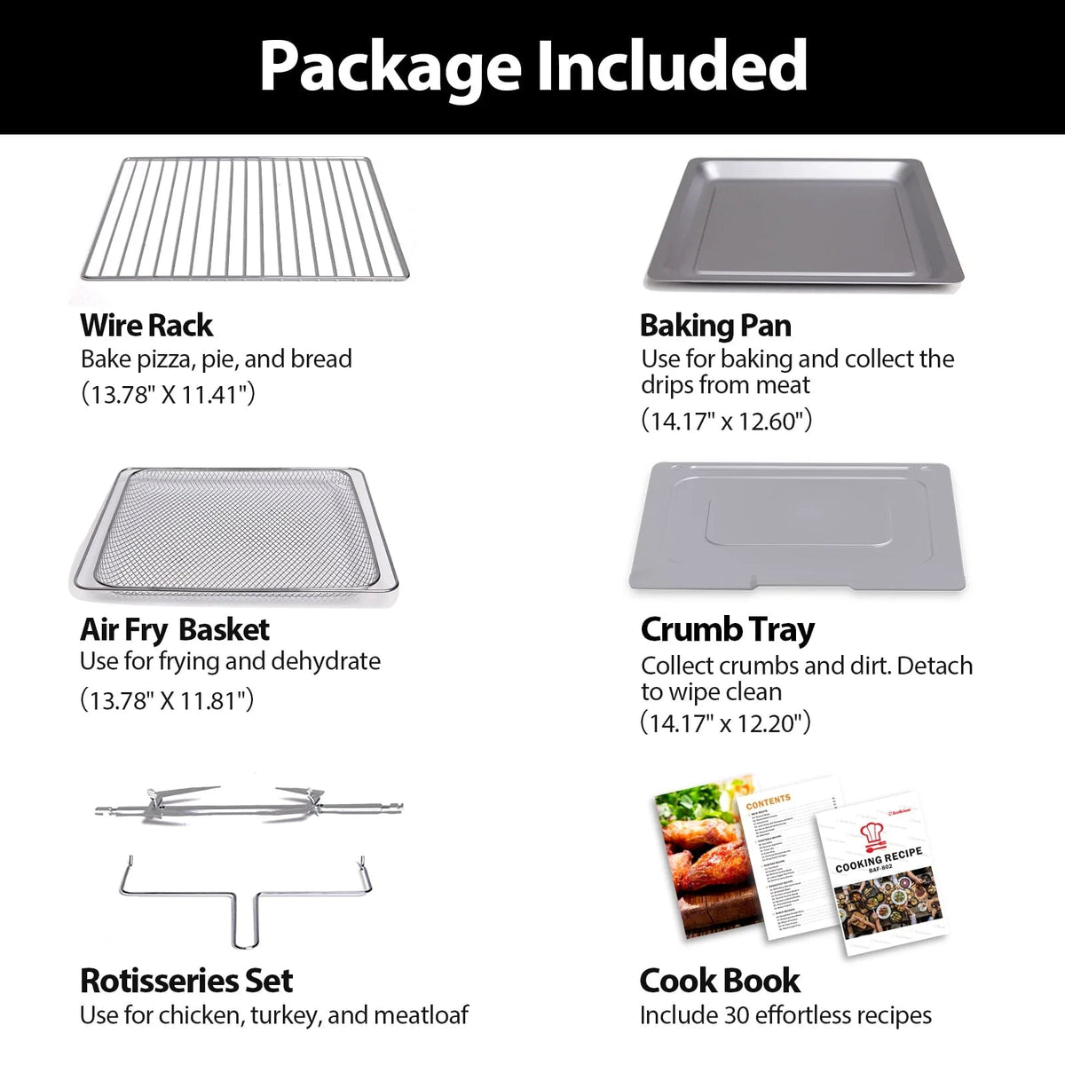 Beelicious 32QT Air Fryer Toaster Oven With Rotisserie And Dehydrator, 6 Accessories, 1800W, Black