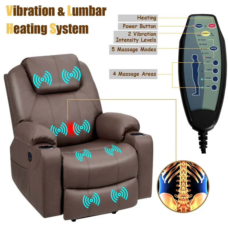 Electric Power Lift Recliner Chair With Leather Massage, Lumbar Heating, 8 Vibrating Nodes, Cup Holders And USB Port