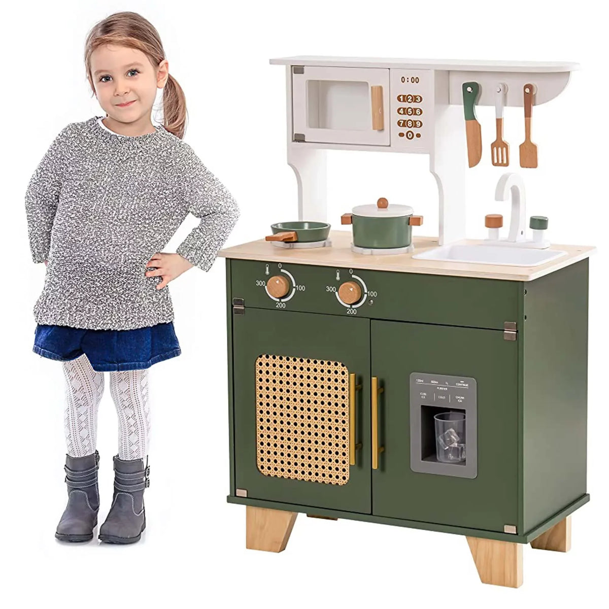 Robud Wooden Kids Kitchen Play Set With Ice Maker, Vintage Green, Ages 3+ - 21.65 x 11.65 x 31.5 in