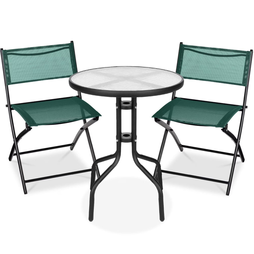 Best Choice Products 3-Piece Patio Bistro Dining Set With Glass Tabletop And Folding Chairs - Gray