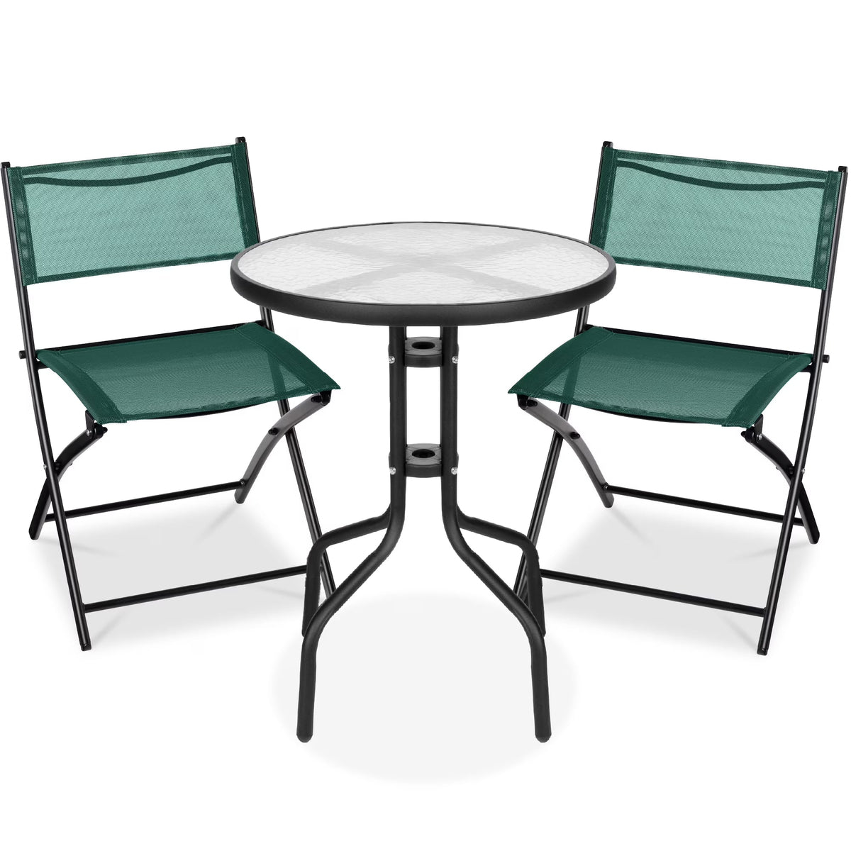 Best Choice Products 3-Piece Patio Bistro Dining Set With Glass Tabletop And Folding Chairs - Gray