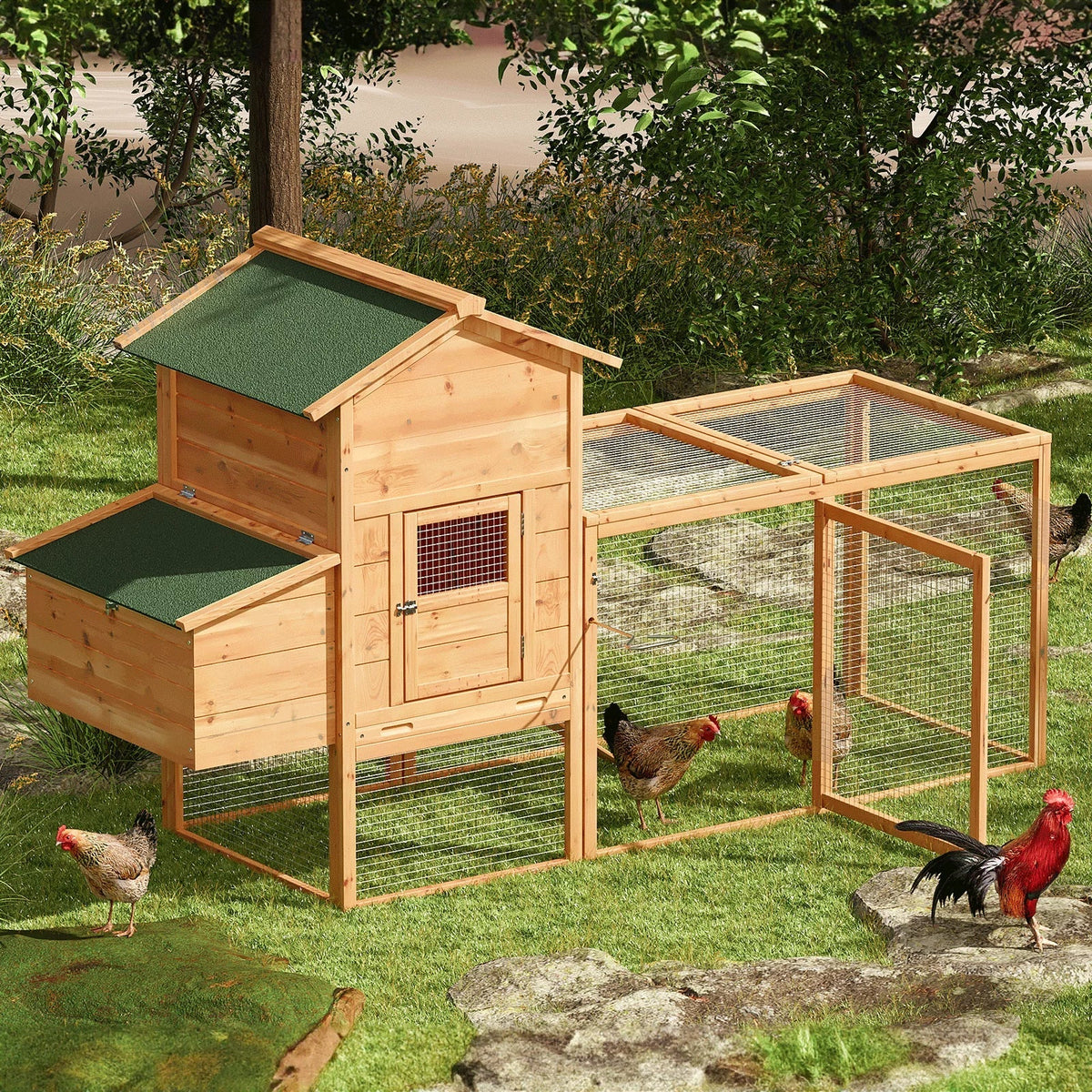 Magshion 2-Tier Chicken Coop With Nesting Box, 80 Inch Wooden Rabbit Hutch - Natural