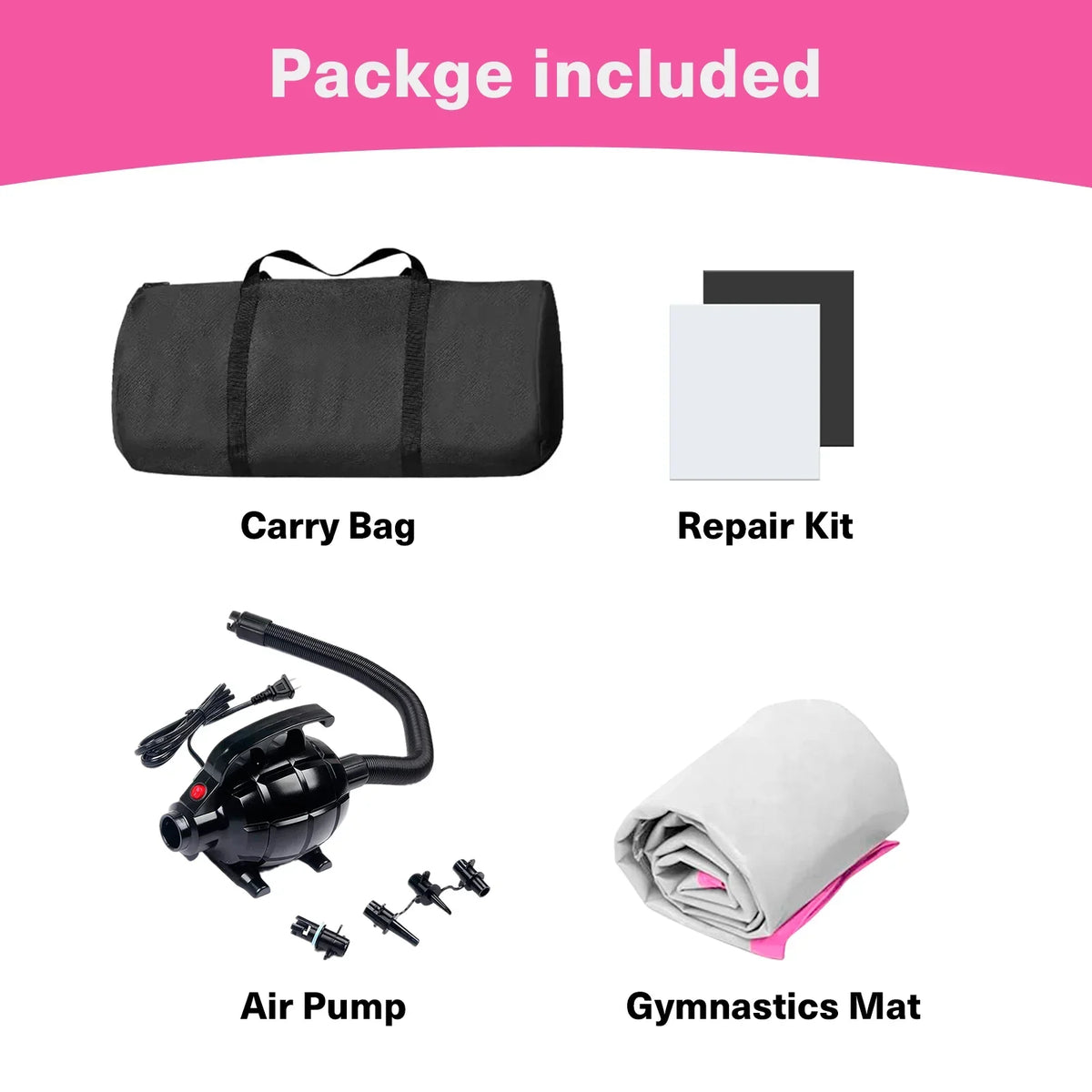 Air Track 10FT Inflatable Gymnastics Mat With Roller and Electric Pump - Black/Pink, 4in
