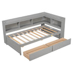 Twin Solid Wood Platform Daybed With L-Shaped Bookcases And 2 Drawers, Gray - 85.20 x 50.40 x 36.70 in