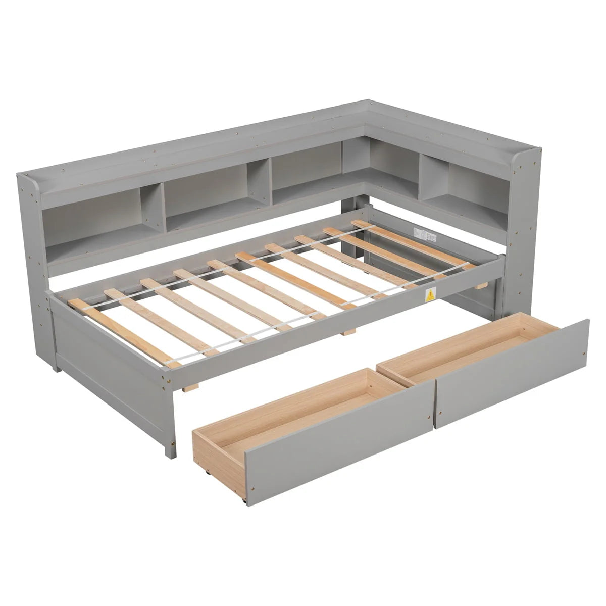 Twin Solid Wood Platform Daybed With L-Shaped Bookcases And 2 Drawers, Gray - 85.20 x 50.40 x 36.70 in