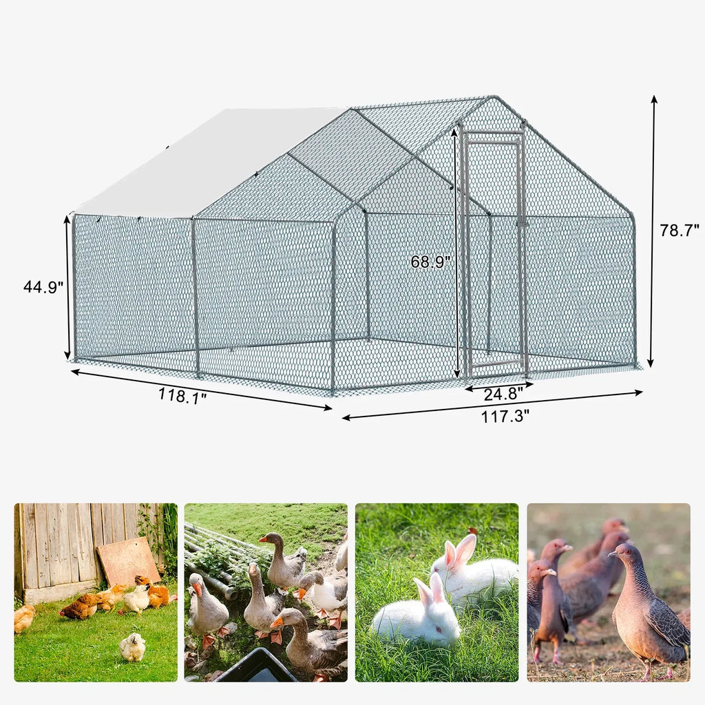 10 x 10 ft Metal Chicken Coop Walk-In Poultry Cage With Waterproof Cover