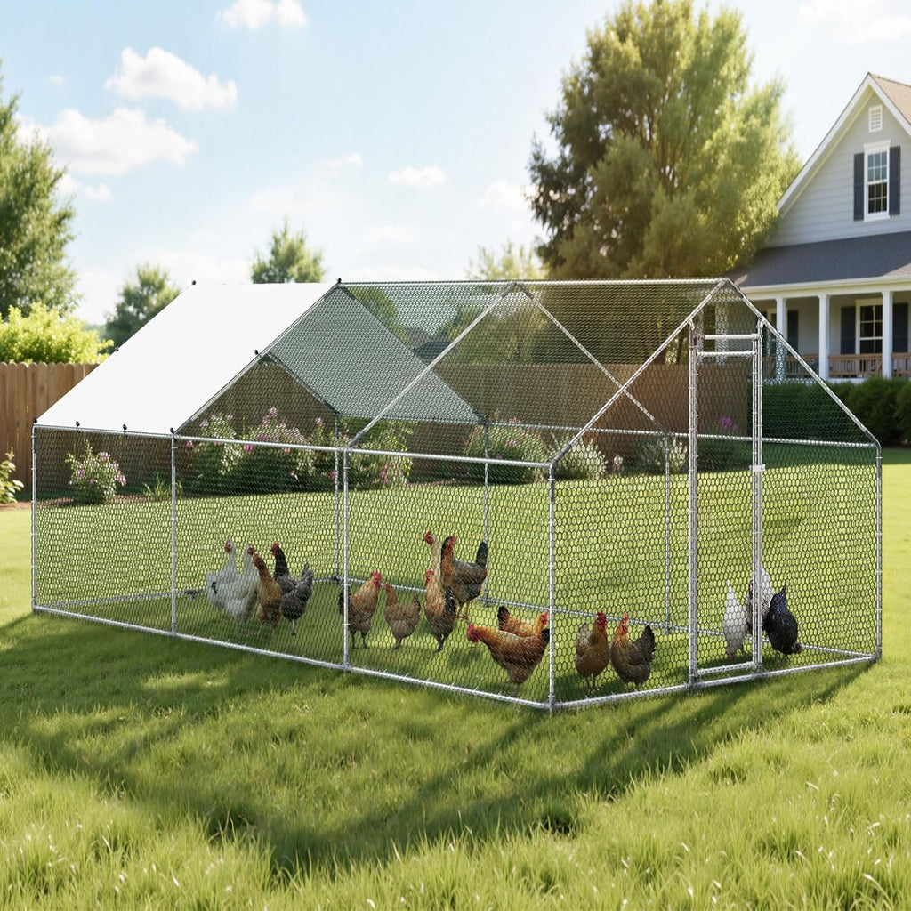 VEVOR Walk-In Metal Chicken Coop With Cover, 19.7 x 9.8 x 6.5 ft, Spire Roof And Security Lock