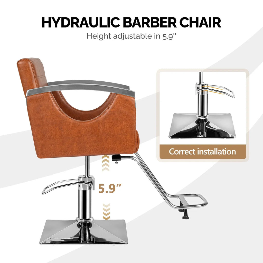 OmySalon Hydraulic Barber Chair With Stainless Steel Armrests, Brown Or Black