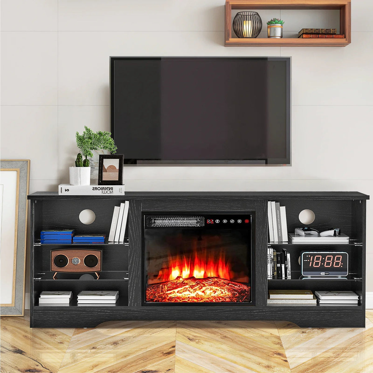 Waleaf TV Stand With 18 in Electric Fireplace And Adjustable Glass Shelves - TVs Up To 65 inch