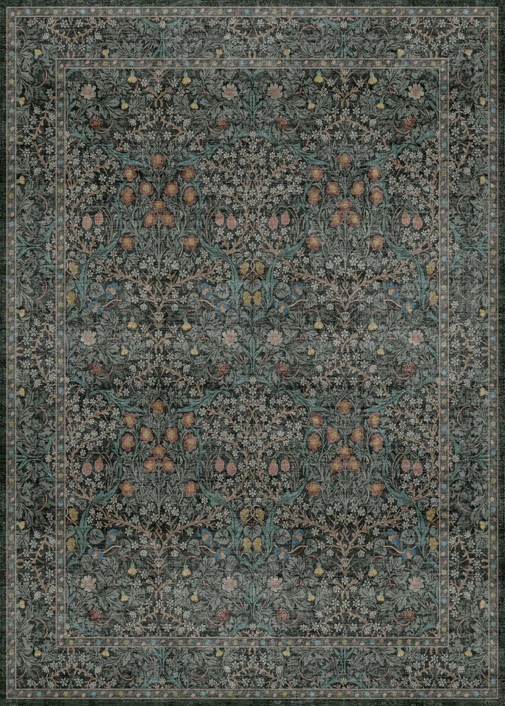 Vintage Floral Washable Area Rug, 10x14, Dark Green