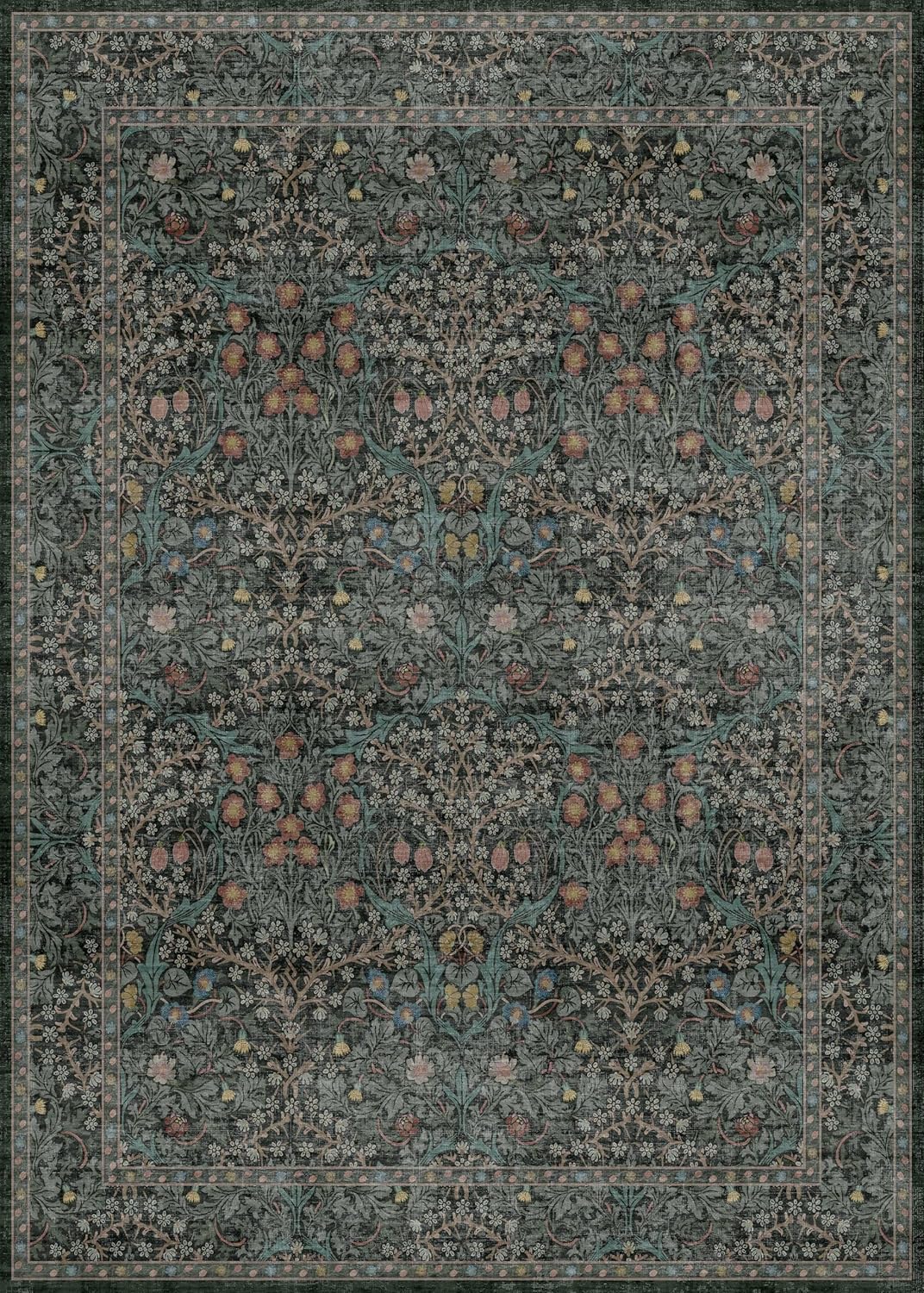 Vintage Floral Washable Area Rug, 10x14, Dark Green