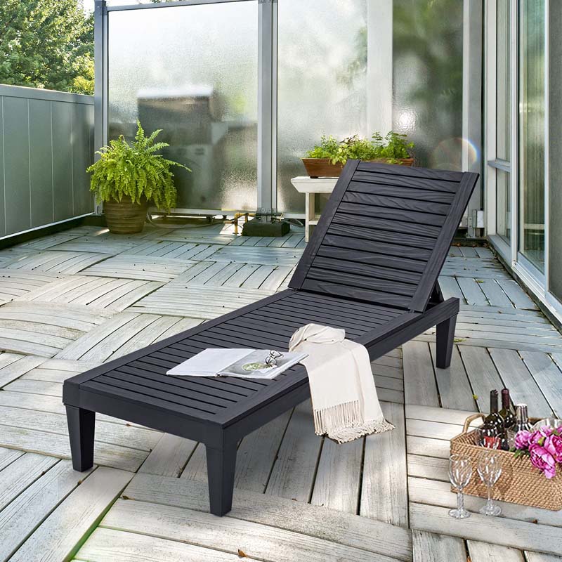 Outdoor Patio Chaise Lounge Chair Recliner - Adjustable 5 Positions, Wood Texture Design