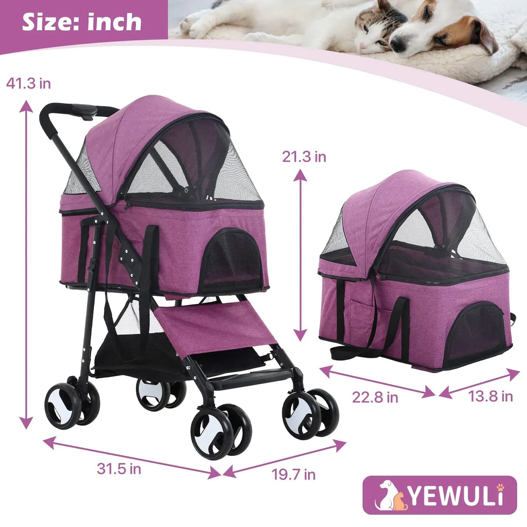 NiamVelo 3-in-1 Detachable Pet Stroller With 4 Wheels, Purple
