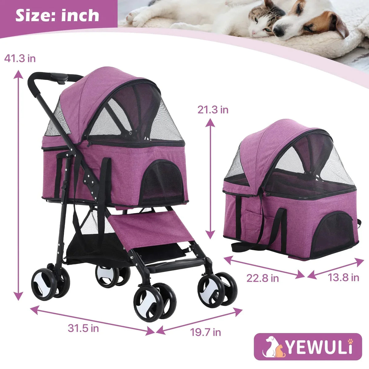 NiamVelo 3-in-1 Detachable Pet Stroller With 4 Wheels, Purple