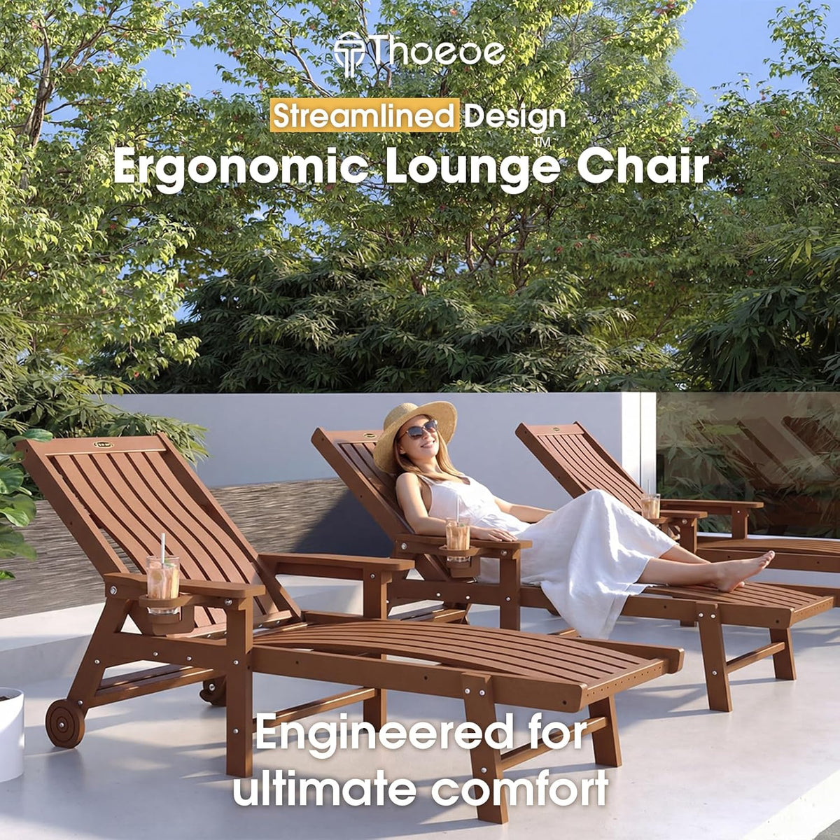 Patio Chaise Lounge Chair With 5 Positions, HDPE, Wheels And Cup Holder