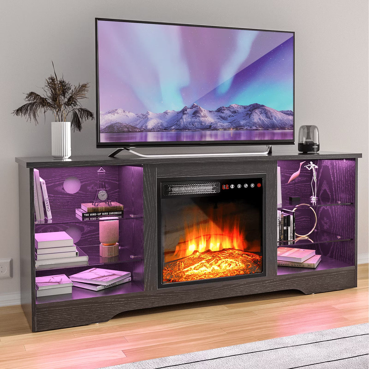 Waleaf TV Stand With 18 in Electric Fireplace And Adjustable Glass Shelves - TVs Up To 65 inch