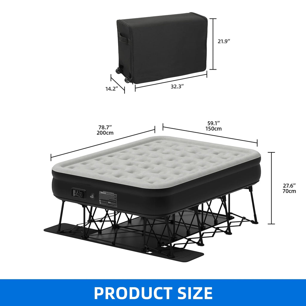 Dextrus Inflatable Queen Air Mattress With Built-In Pump, Steel Frame, Velvet Surface, Khaki