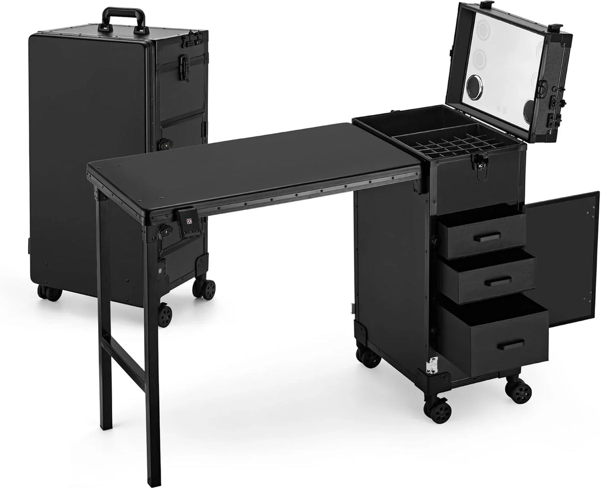 ZhenGuiRu Rolling Manicure Table With Drawers, Bluetooth Speaker, LED Mirror, TSA Lock - 15.3 x 10.8 x 30.8 in