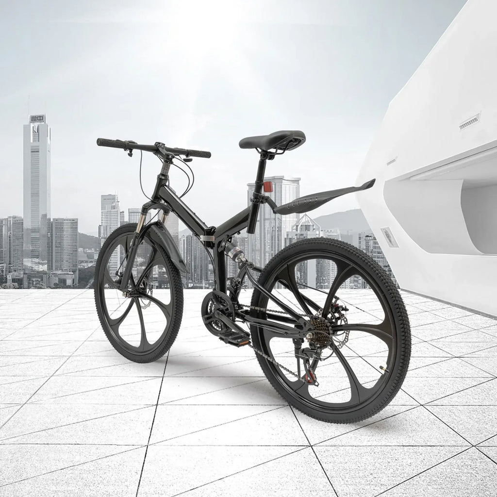 Aiqidi 26 Inch 21 Speed Full Suspension Folding Mountain Bike, Black