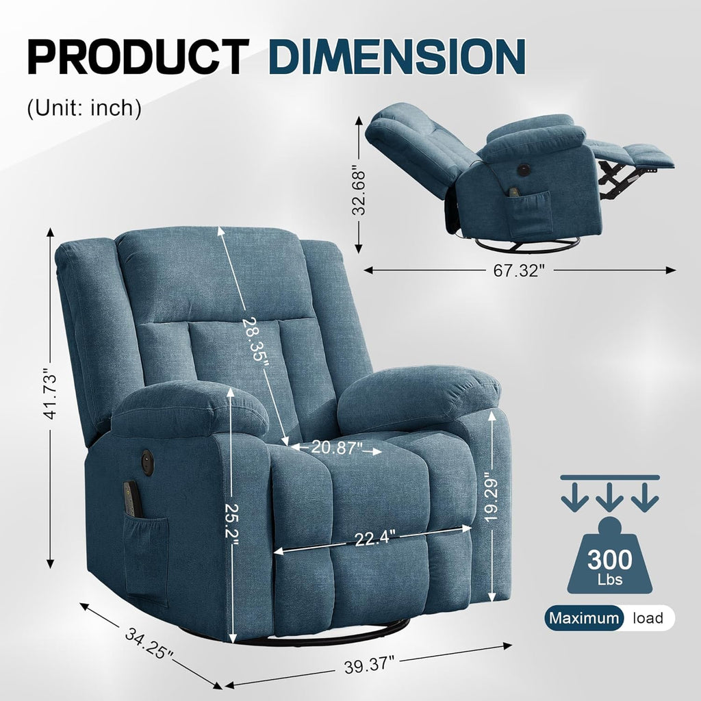 Korser Swivel Rocker Recliner Chair With Massage, Heating, USB Charging And Storage