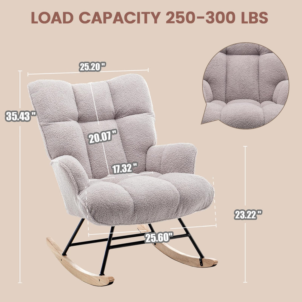 SAETSFEG Nursery Rocking Chair, Grey Teddy Fabric, High Backrest - Rocking Chair