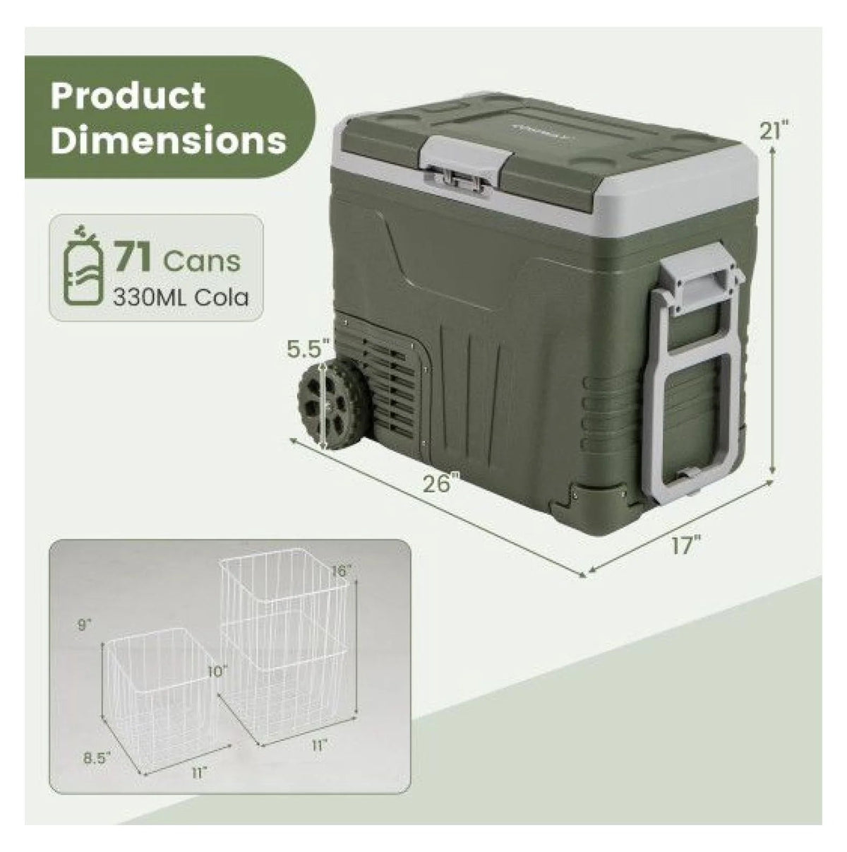 Portable 12V Car Refrigerator Electric Cooler, 35L/50L, Green