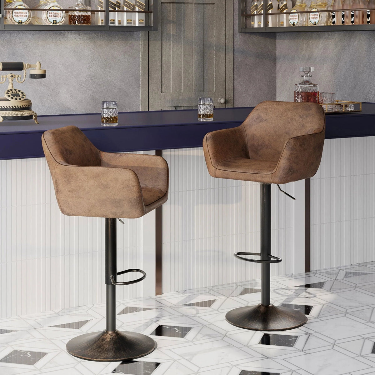 Homfa Tall Adjustable Rolling Bar Stools With Armrests And Back, Vintage Brown, Set Of 2