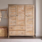 Solid Pine Wood Armoire, 3 Doors, 2 Drawers, 5 Shelves, 73.75 in H x 59.5 in W x 21.5 in D