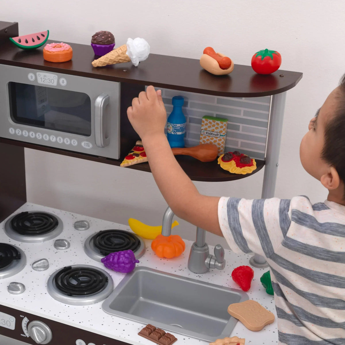KidKraft Uptown Espresso Wooden Play Kitchen With 30-Piece Play Food Accessories