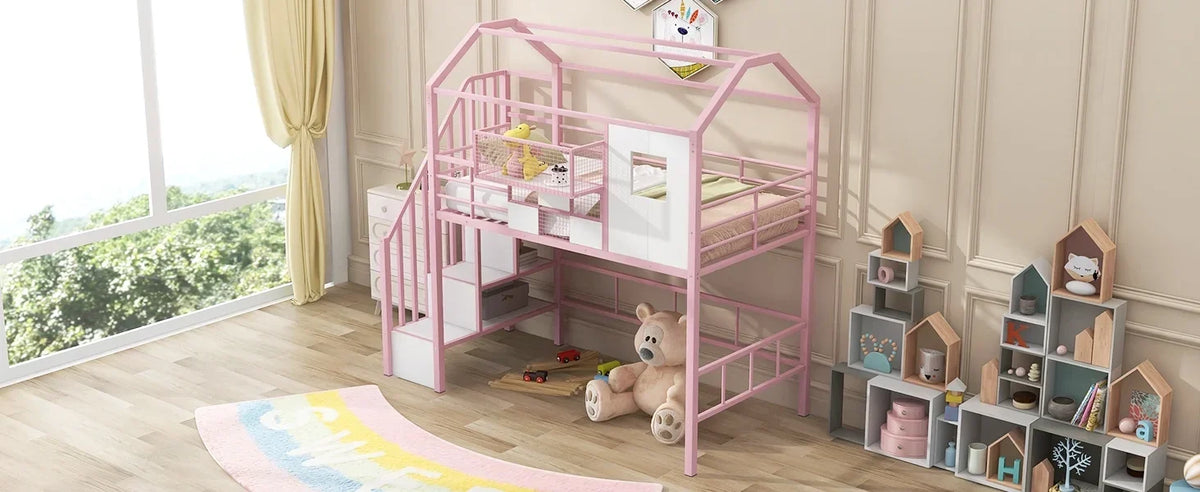 Pink Twin Metal Loft Bed With Roof Design And Storage Box
