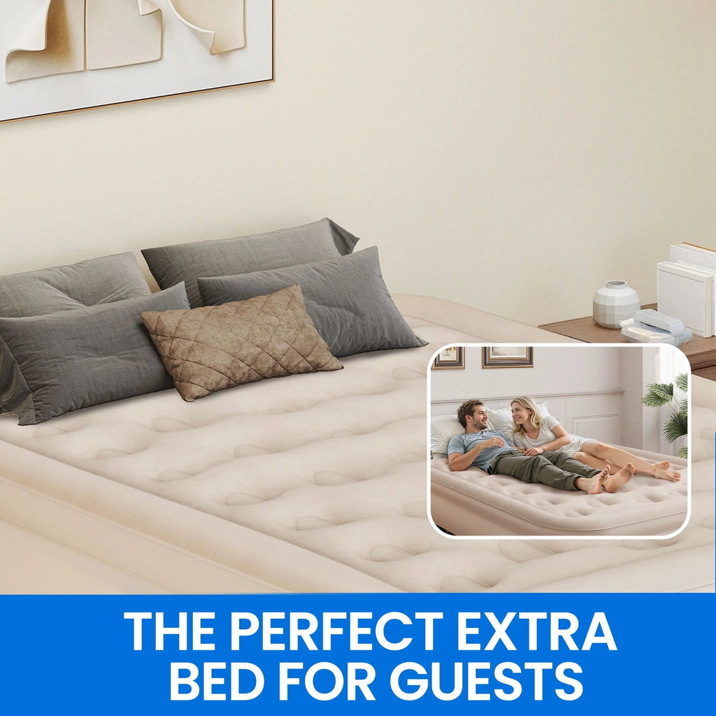 Dextrus Inflatable Queen Air Mattress With Built-In Pump, Steel Frame, Velvet Surface, Khaki