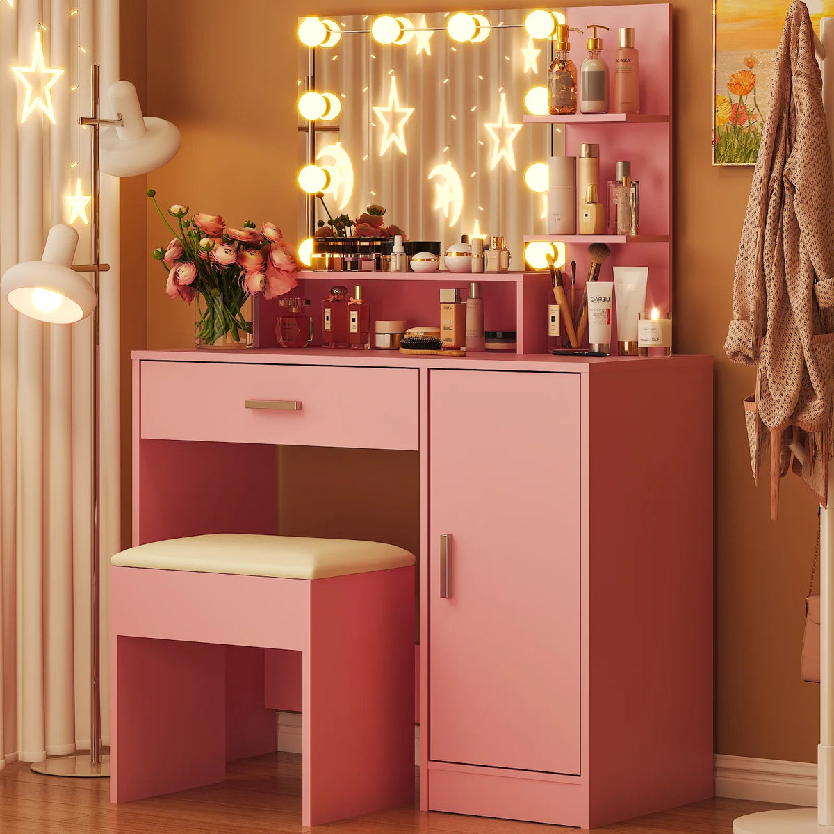 Ktaxon Vanity Makeup Table With Stool, 3-Color Lighted Mirror, 3 Shelves, Drawers, White - 35.43 x 15.55 x 29.53-53.27 in