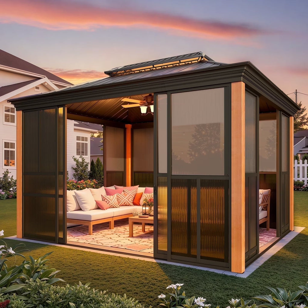 EROMMY Sunroom 10 x 12 ft With Galvanized Steel Double Roof, Aluminum Alloy Frame, Wood Grain Appearance