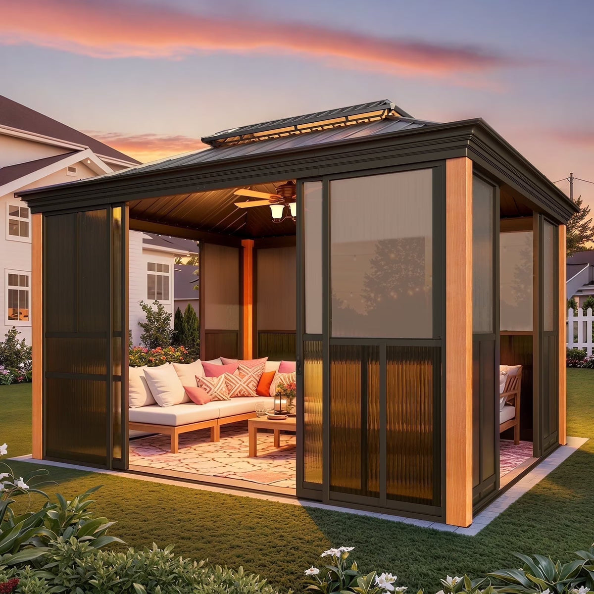 EROMMY Sunroom 10 x 12 ft With Galvanized Steel Double Roof, Aluminum Alloy Frame, Wood Grain Appearance