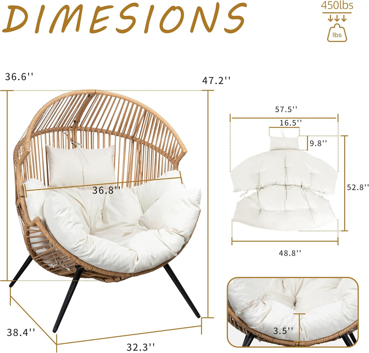 Shintenchi Wicker Egg Chair With Cushion - 400 Pounds Capacity