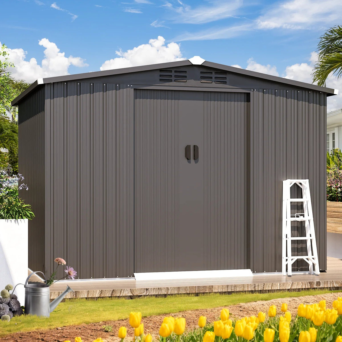 U-MAX 8 x 6 ft. Wood Grain Outdoor Metal Storage Shed With Lockable Door