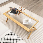 Bamboo 2-Tier Rectangular Coffee Table With Glass Tabletop And Rattan Storage Shelf - Natural
