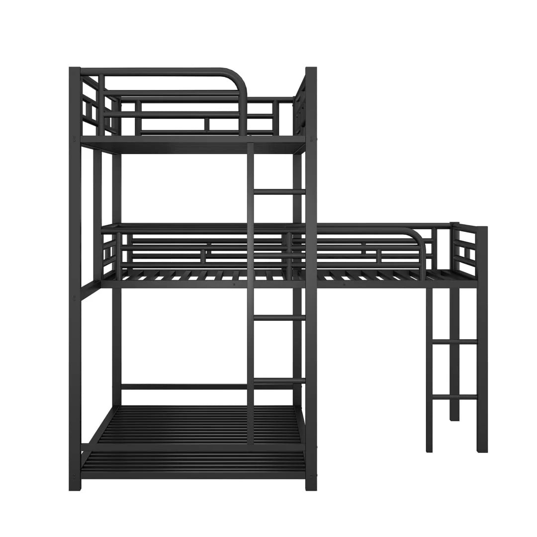 L-Shaped Metal Triple Twin Bunk Bed For 3, Black