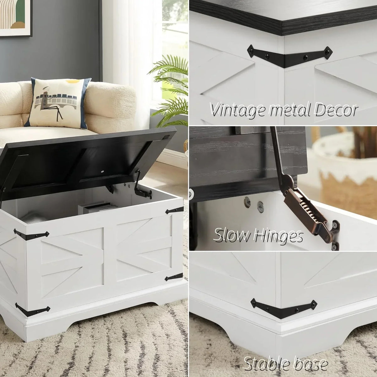 Farmhouse Square Lift-Top Coffee Table With Hidden Storage, White, 31.5 x 31.5 x 18.5 in