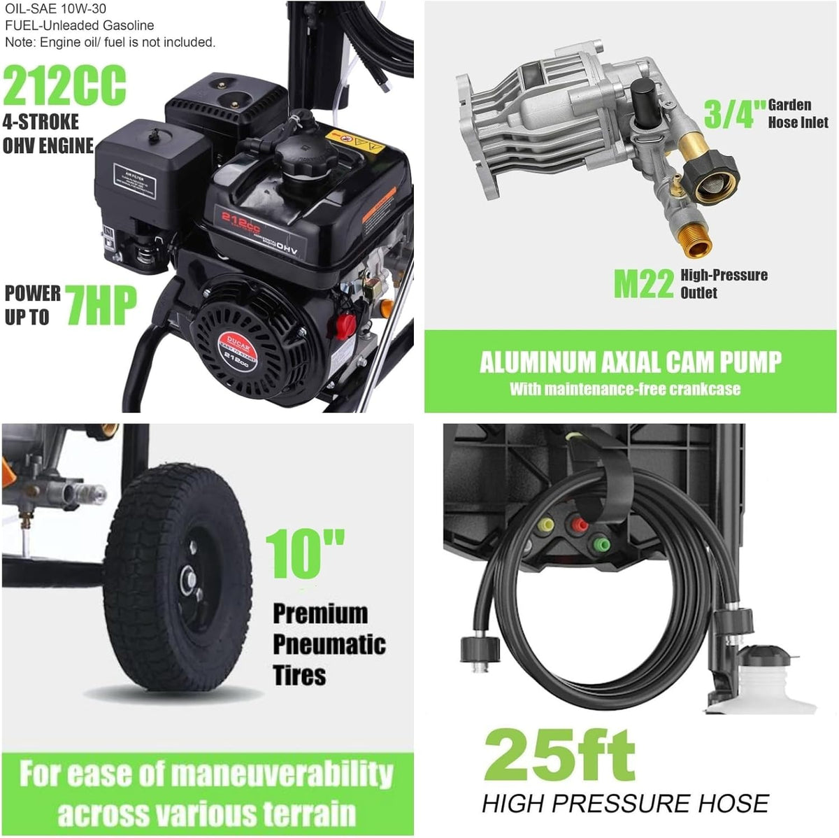 Gas Pressure Washer 4200 PSI 4.0 GPM, 212CC Engine, 5 Nozzles, 25ft Hose, 0.5Gal Soap Tank - 20FT x 1/4 Black