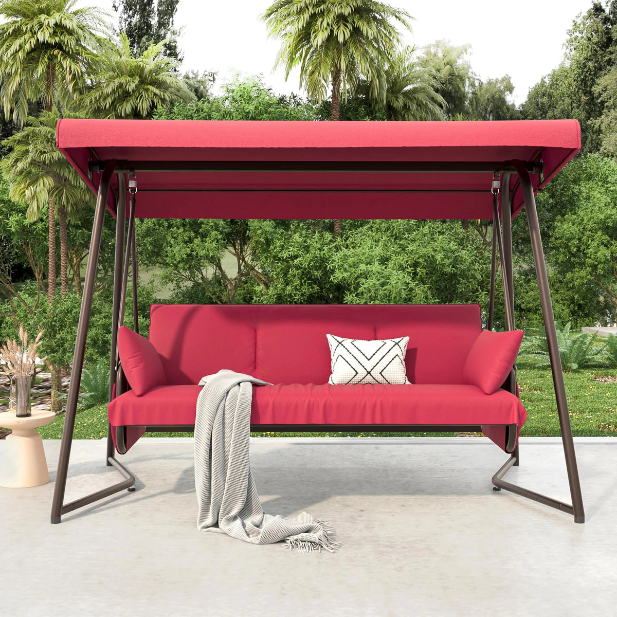 TQKVIPI 4 Person Outdoor Porch Swing Bed With Adjustable Backrest Canopy - 800 lbs Capacity