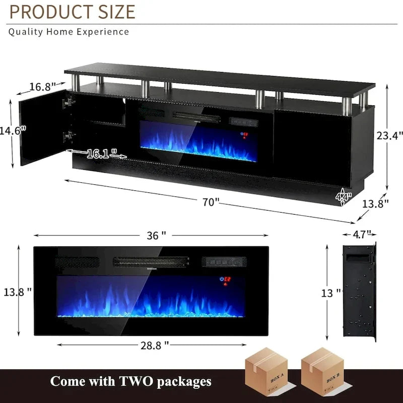70 Inch TV Stand With 36 Inch Electric Fireplace And Adjustable Shelves