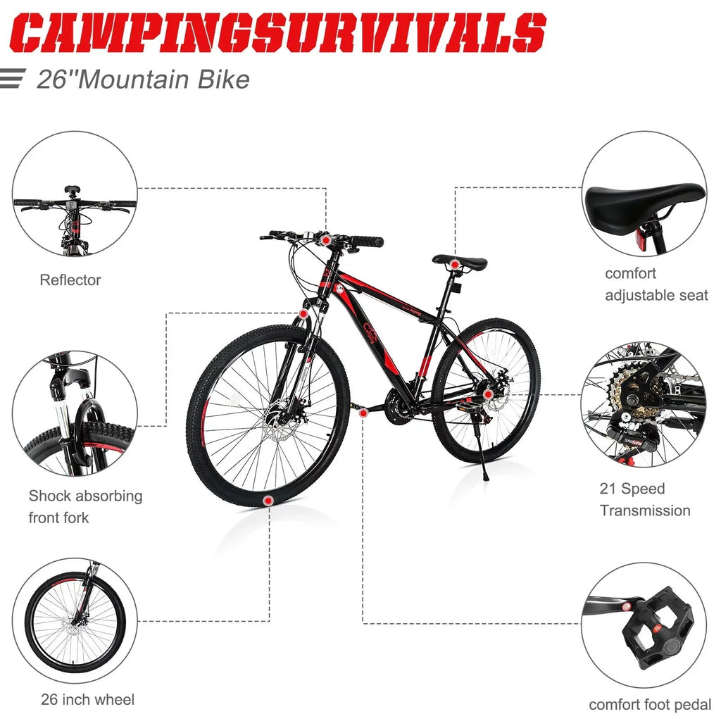 CamPingSurvivals 26 in Lightweight Explorer Mountain Bike, 21-Speed, Red/Black